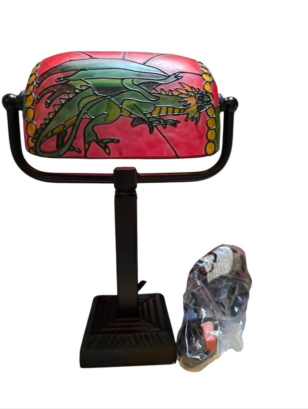 Vintage | Tiffany Style Decorative Green Dragon Stained Glass Accent Lamp